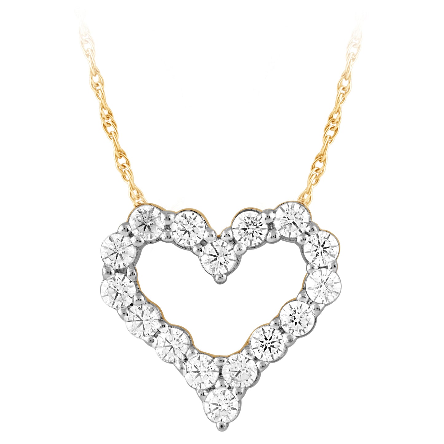 NAVI-STERLING SILVER AND 14KT YELLOW GOLD PLATED LAB GROWN HEART OUTLINE PENDANT WITH 16RD LAB GROWN DIAMONDS APPROX. 1/2CTW GH/SI 18"