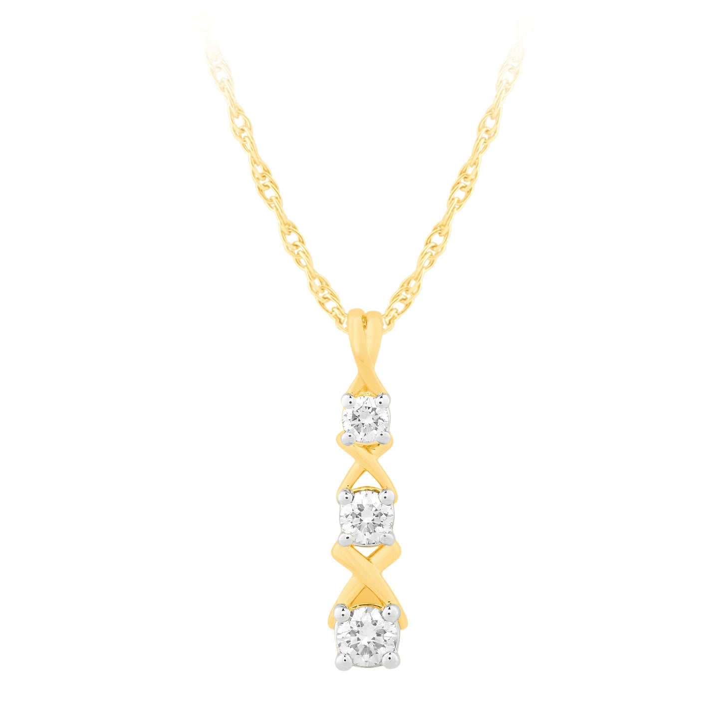 NAVI-STERLING SILVER AND 14KT YELLOW GOLD PLATED "XO" VERTICAL DIAMOND BAR PENDANT WITH 3RD LAB GROWN DIAMONDS APPROX. 1/3CTW GH/SI 18"
