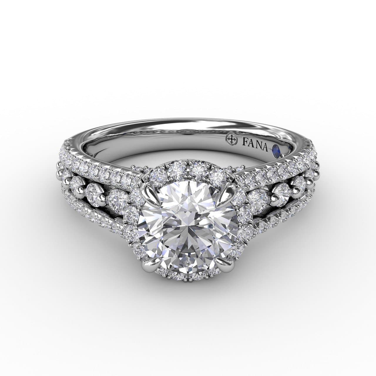 Classic Round Diamond Halo Engagement Ring With Triple-Row Diamond Band (5552776937627)