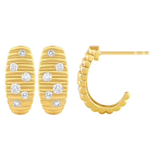 NAVI-STERLING SILVER AND 14KT YELLOW GOLD PLATED TEXTURED "J" SCATTERED DIAMOND HOOPS WITH 12RD LAB GROWN DIAMONDS APPROX. 1/2CTW GH/SI