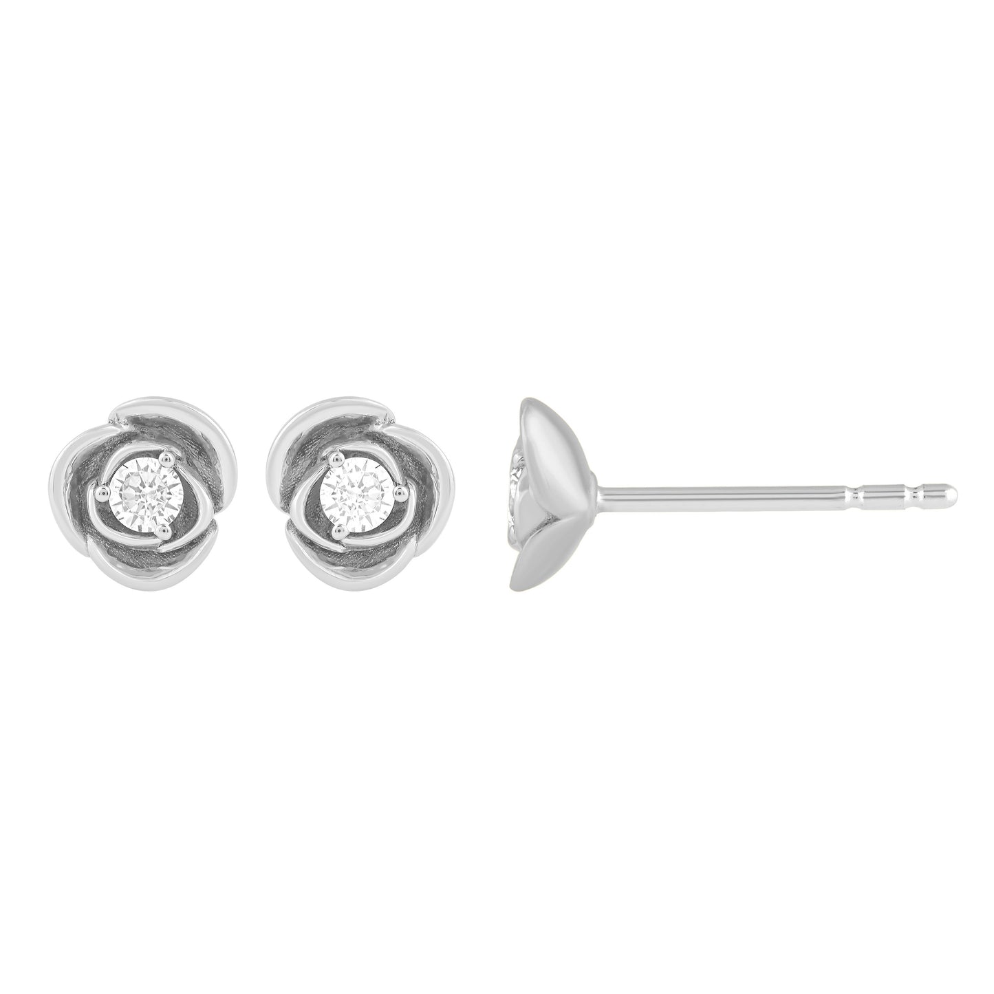 NAVI-STERLING SILVER FLOWER POST EARRINGS WITH 2RD CENTER LAB GROWN DIAMONDS APPROX. 1/10CTW GH/SI