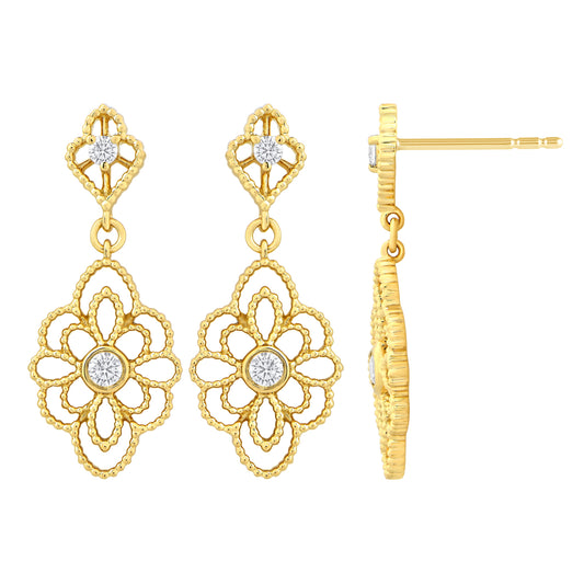 NAVI-STERLING SILVER AND 14KT YELLOW GOLD PLATED VINTAGE FLOWER DANGLE POST EARRINGS WITH 4RD LAB GROWN DIAMONDS APPROX. 1/6CTW GH/SI