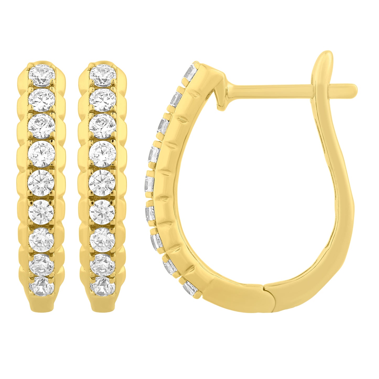 NAVI-STERLING SILVER AND 14KT YELLOW GOLD PLATED LAB GROWN DIAMOND CHANNEL HOOP EARRINGS WITH 18RD LAB GROWN DIAMONDS APPROX 1/2CTW GH/SI