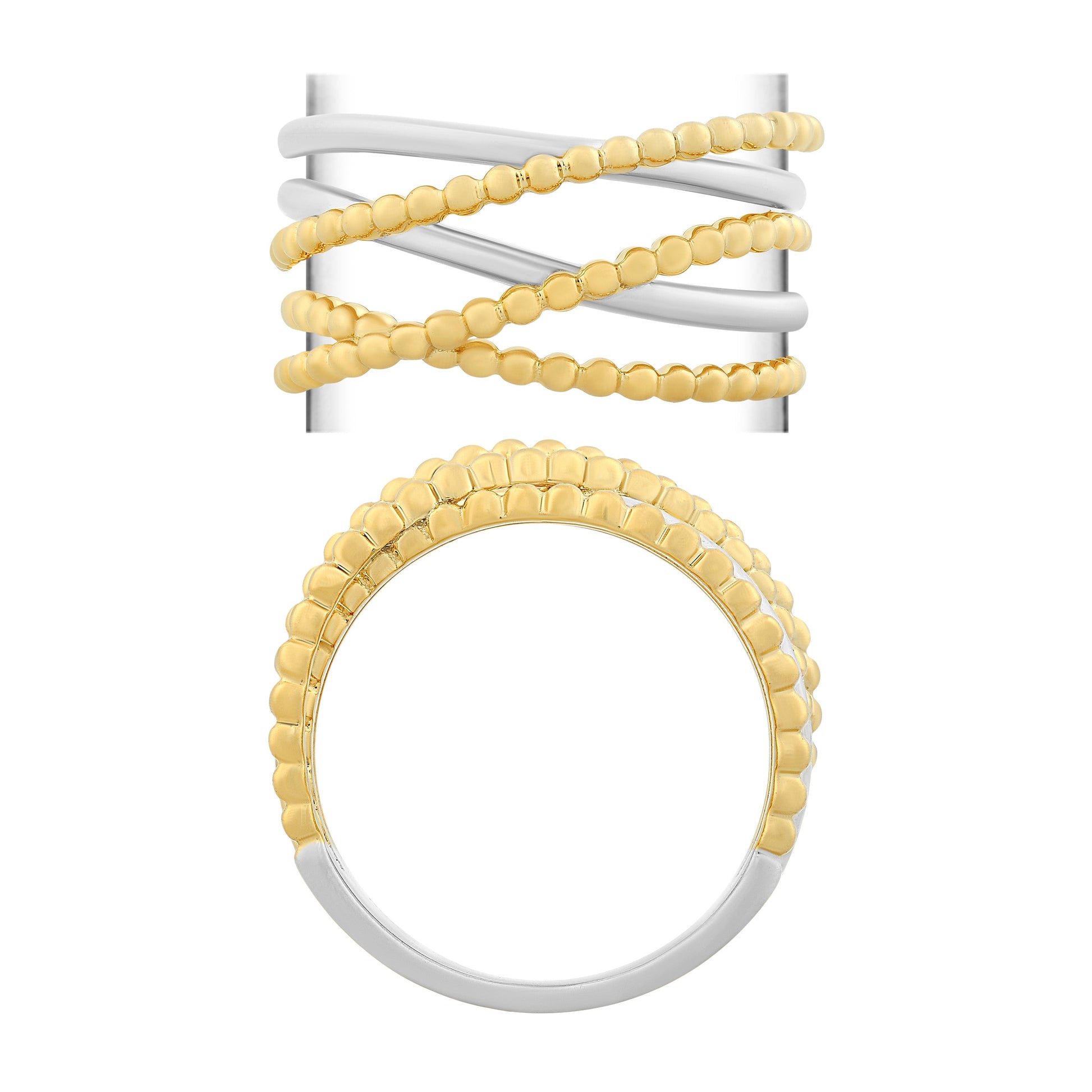 NAVI-STERLING SILVER AND 14KT YELLOW GOLD PLATED POLISHED AND BEADED 5 STRAND RING