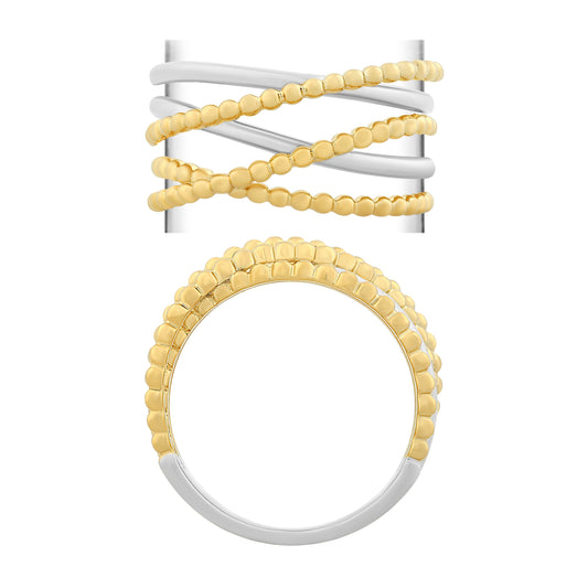 NAVI-STERLING SILVER AND 14KT YELLOW GOLD PLATED POLISHED AND BEADED 5 STRAND RING