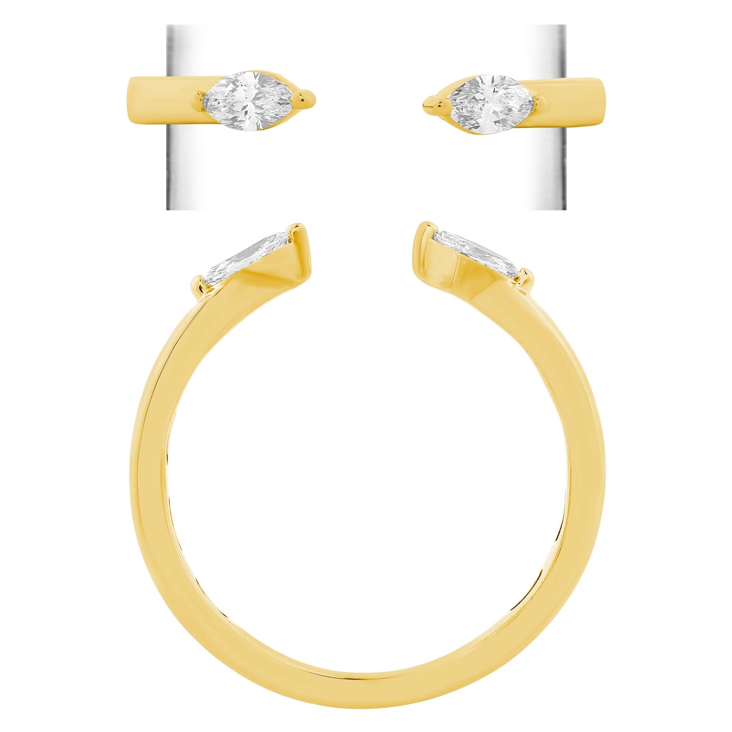 NAVI-STERLING SILVER AND 14KT YELLOW GOLD PLATED LAB GROWN ENDS CUFF RING WITH 2 PEAR LAB GROWN DIAMONDS APPROX. 1/5CTW GH/SI