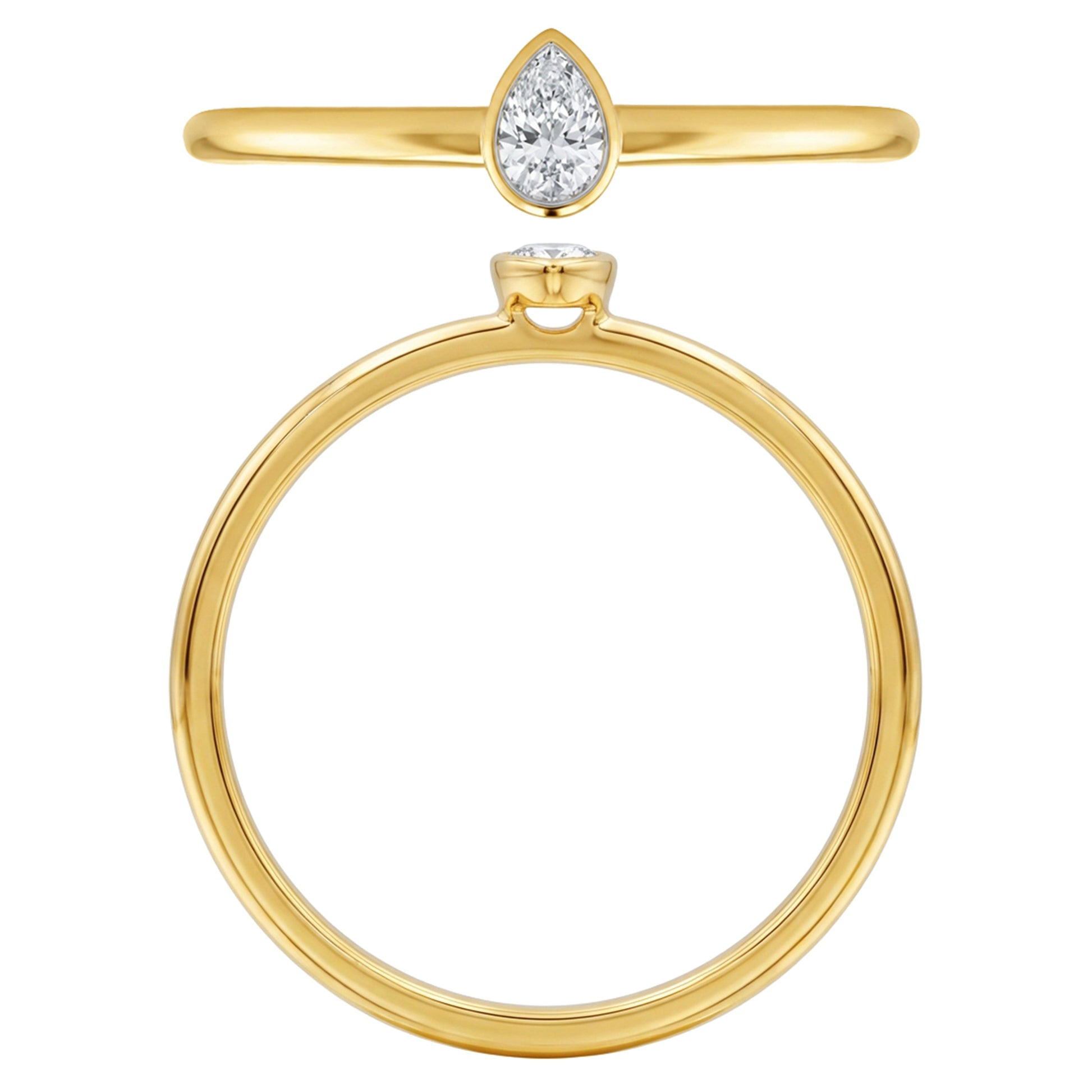 NAVI-STERLING SILVER AND 14KT YELLOW GOLD PLATED BEZEL SET PEAR LAB GROWN DIAMOND STACKABLE RING APPROX. 1/10CT GH/SI