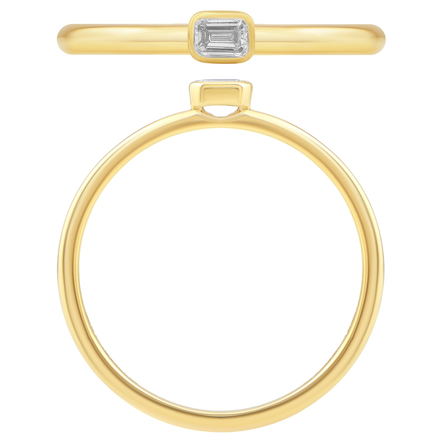 NAVI-STERLING SILVER AND 14KT YELLOW GOLD PLATED BEZEL SET EMERALD CUT LAB GROWN DIAMOND STACKABLE RING APPROX. 1/10CT GH/SI