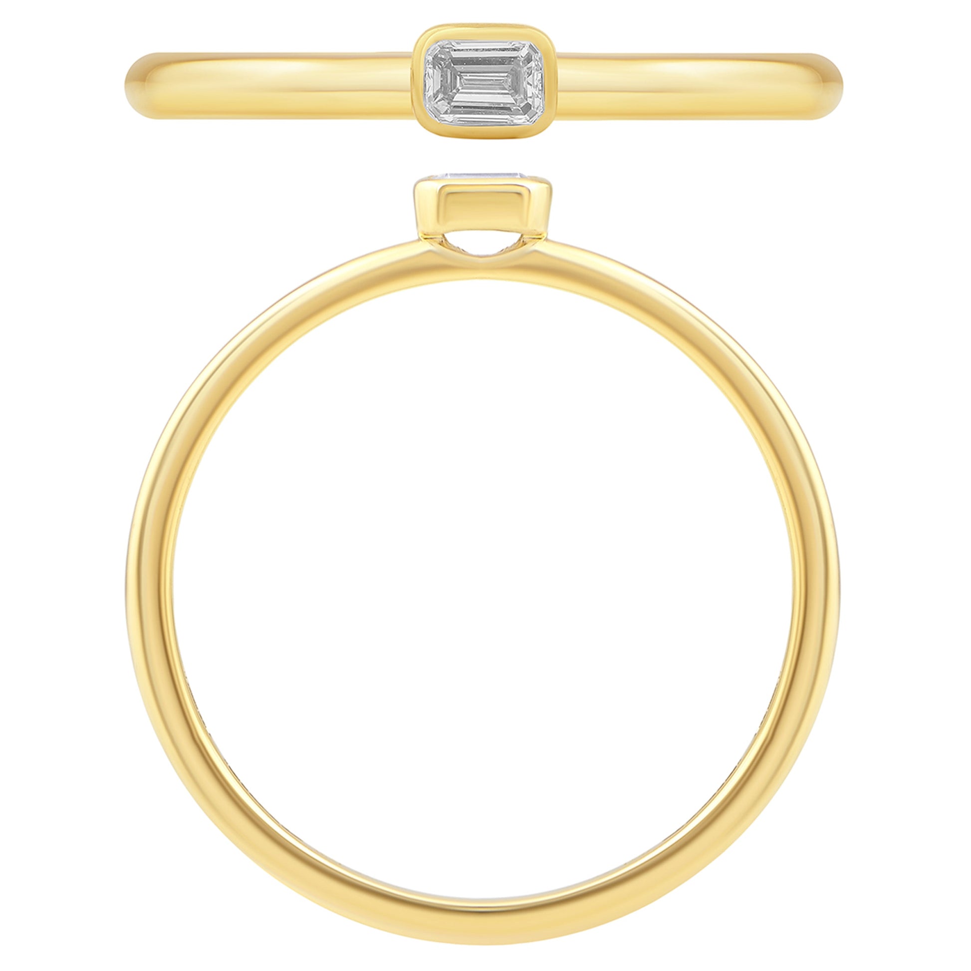 NAVI-STERLING SILVER AND 14KT YELLOW GOLD PLATED BEZEL SET EMERALD CUT LAB GROWN DIAMOND STACKABLE RING APPROX. 1/10CT GH/SI