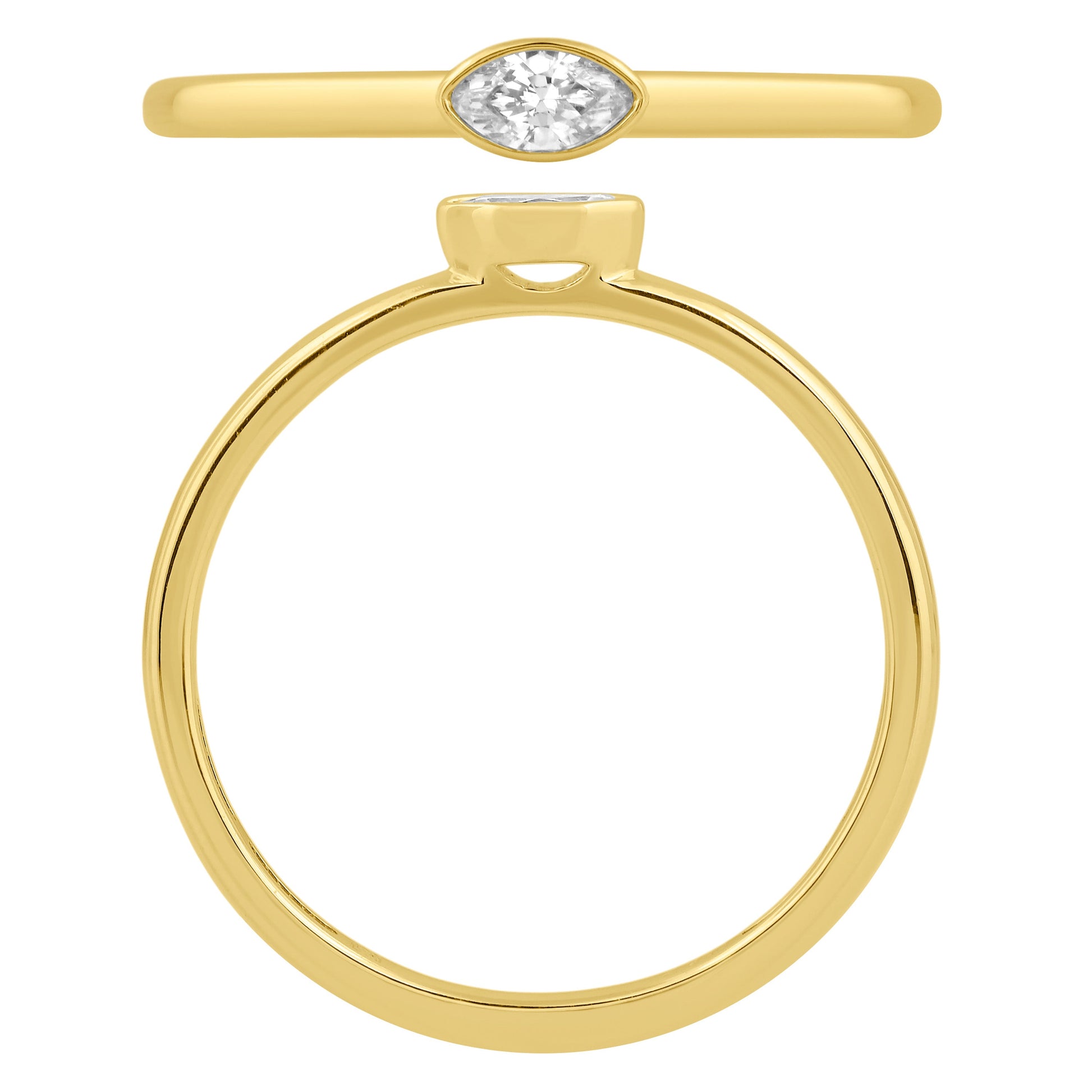 NAVI-STERLING SILVER AND 14KT YELLOW GOLD PLATED BEZEL SET MARQUISE LAB GROWN DIAMOND STACKABLE RING APPROX. 1/10CT GH/SI