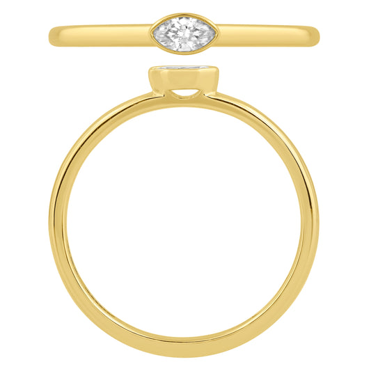 NAVI-STERLING SILVER AND 14KT YELLOW GOLD PLATED BEZEL SET MARQUISE LAB GROWN DIAMOND STACKABLE RING APPROX. 1/10CT GH/SI