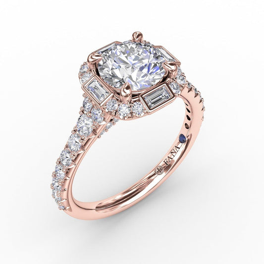 Cushion Shaped Diamond Halo Engagement Ring With Baguettes (5552789455003)