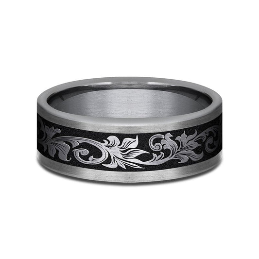 8mm Black Titanium and Grey Tantalum Script Pattern Wedding Band (9039386706150)